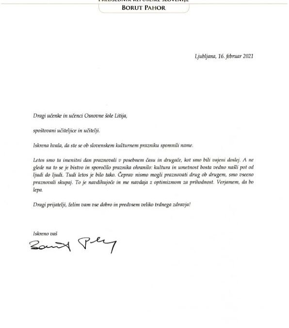 Pismo predsednika države gospoda Boruta Pahorja